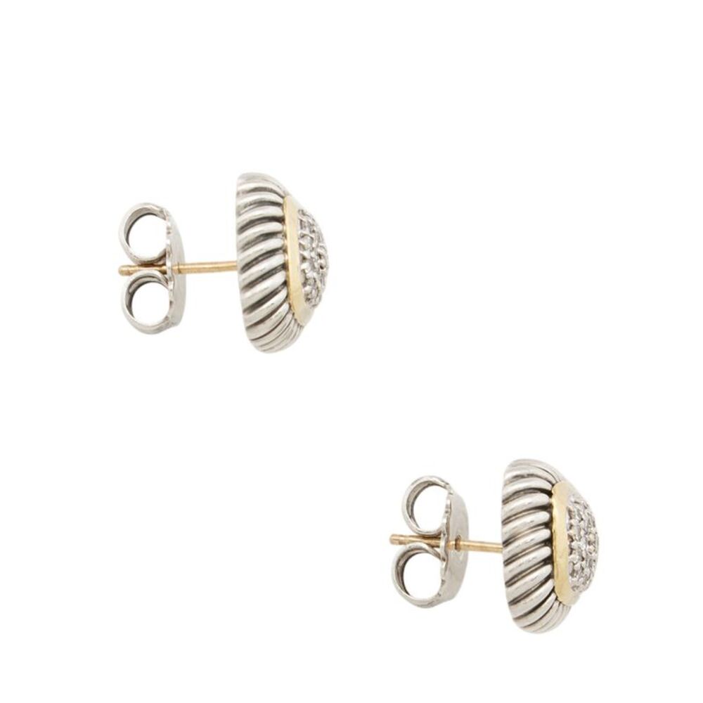 David Yurman Sterling Silver 18k Gold Diamond Pave 7mm Albion Earrings - Picture 2 of 3
